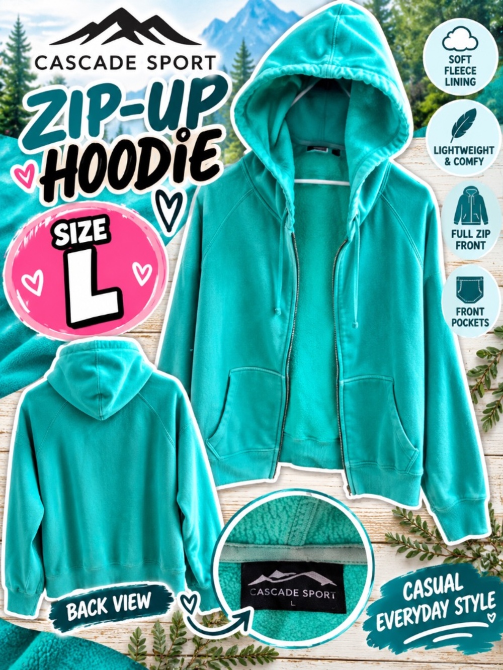 Cascade Sport Teal Full Zip Fleece Hoodie Women’s Size L